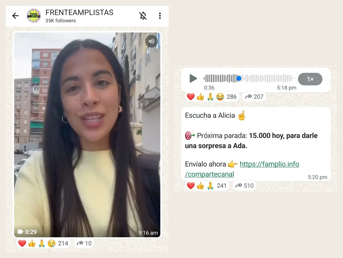 Links ein 29-sekündiges Video aus dem Kanal FRENTEAMPLISTAS, in dem eine junge Frau auf der Straße in die Kamera spricht (214 Reaktionen, 10 Weiterleitungen). Rechts eine 36-sekündige Sprachnachricht (286 Reaktionen, 207 Weiterleitungen) und die Nachricht "Escucha a Alicia. Próxima parada: 15.000 hoy, para darle una sorpresa a Ada. Envíalo ahora" (hör Alicia zu; nächster Halt: heute 15.000, um Ada zu überraschen; schick es jetzt), mit einem Link zu famplio.info/compartecanal (241 Reaktionen, 510 Weiterleitungen).